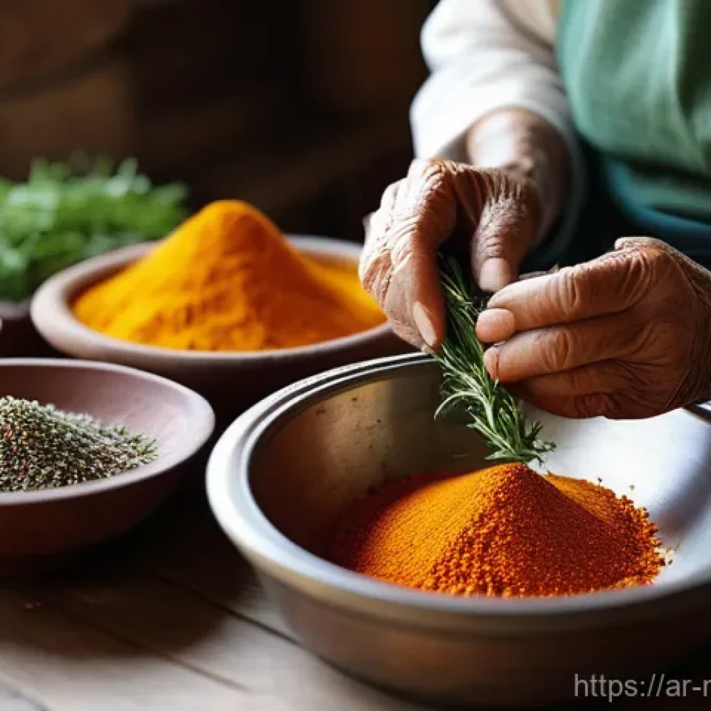 다문화 요리사와 건강식 요리법 - A serene, close-up shot of an elderly, wise Arab woman's hands gently preparing fresh herbs and colo...