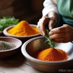 다문화 요리사와 건강식 요리법 - A serene, close-up shot of an elderly, wise Arab woman's hands gently preparing fresh herbs and colo...