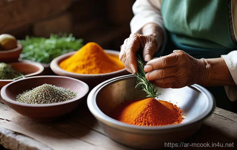 다문화 요리사와 건강식 요리법 - A serene, close-up shot of an elderly, wise Arab woman's hands gently preparing fresh herbs and colo...